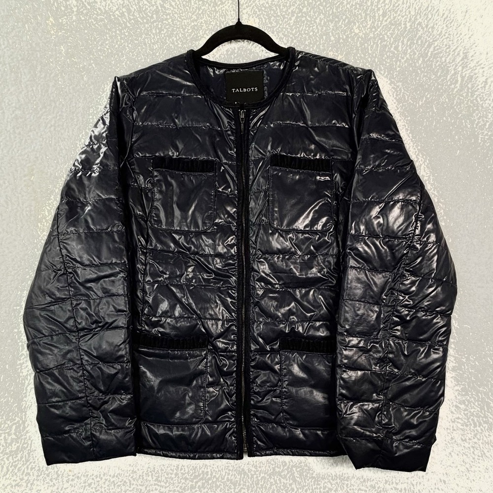 Talbots womens jacket Lite Puffer Navy Sz XL Primalolf Quilted Velvet Trim